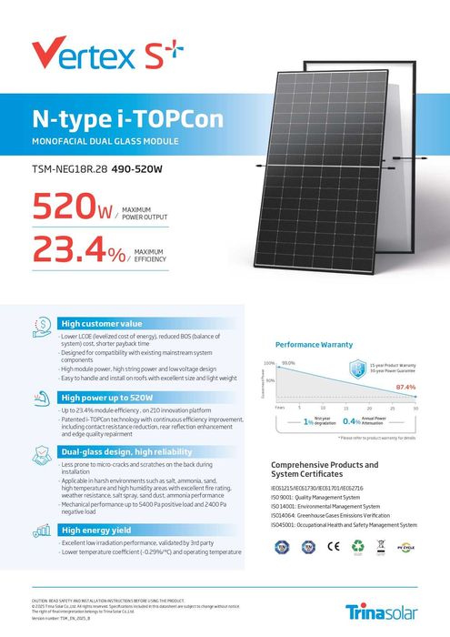 Panou fotovoltaic Trina Vertex S+ N-TYPE I-TOPcon 510W, Dual Glass