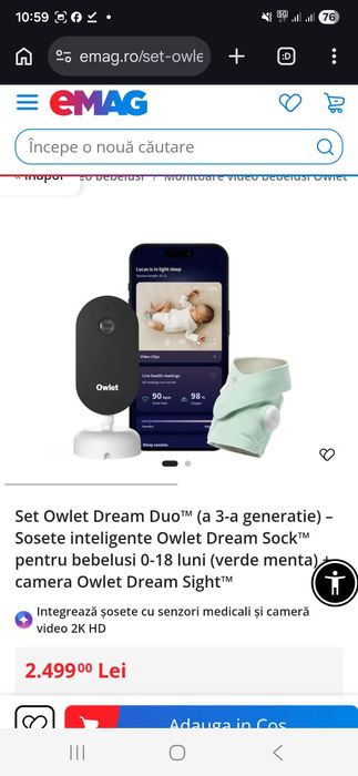 Set Owlet Dream Duo™ (a 3-a generatie) – Sosete inteligente Owlet Dream Sock™ pentru bebelusi 0-18 luni  + camera Owlet Dream Sight, SIGILAT
