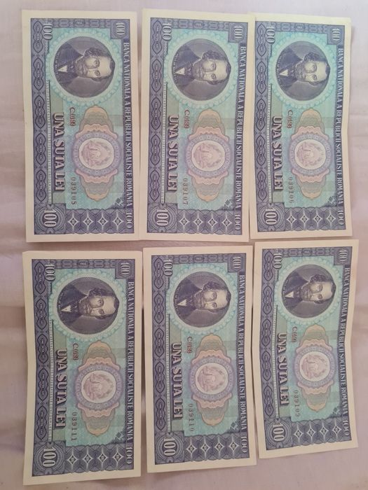 Sase bancnote cu serii consecutive 100 lei Balcescu