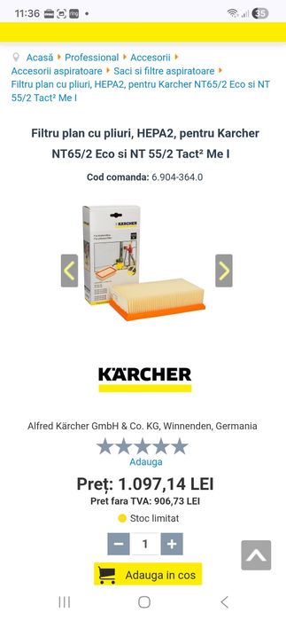 Filtru  aspirator Karcher NT 30/1 NT 40/1 NT 50/1/55/64, 99,9% Umed si
