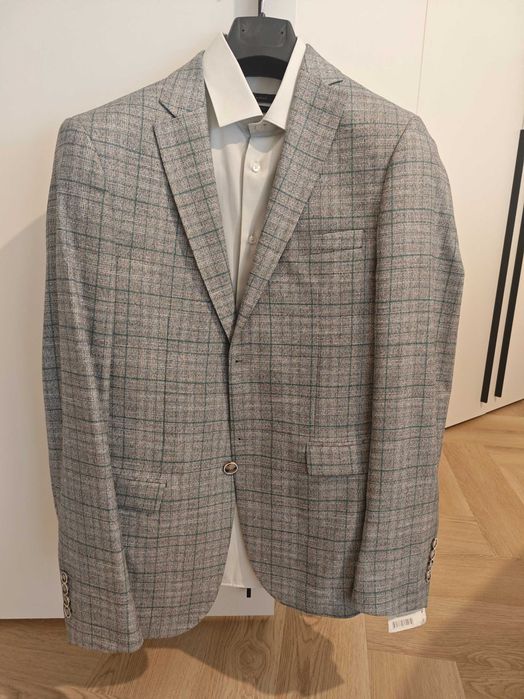 Мъжки костюм, зелено райе лен Carducci подарък Риза и подгъв панталон