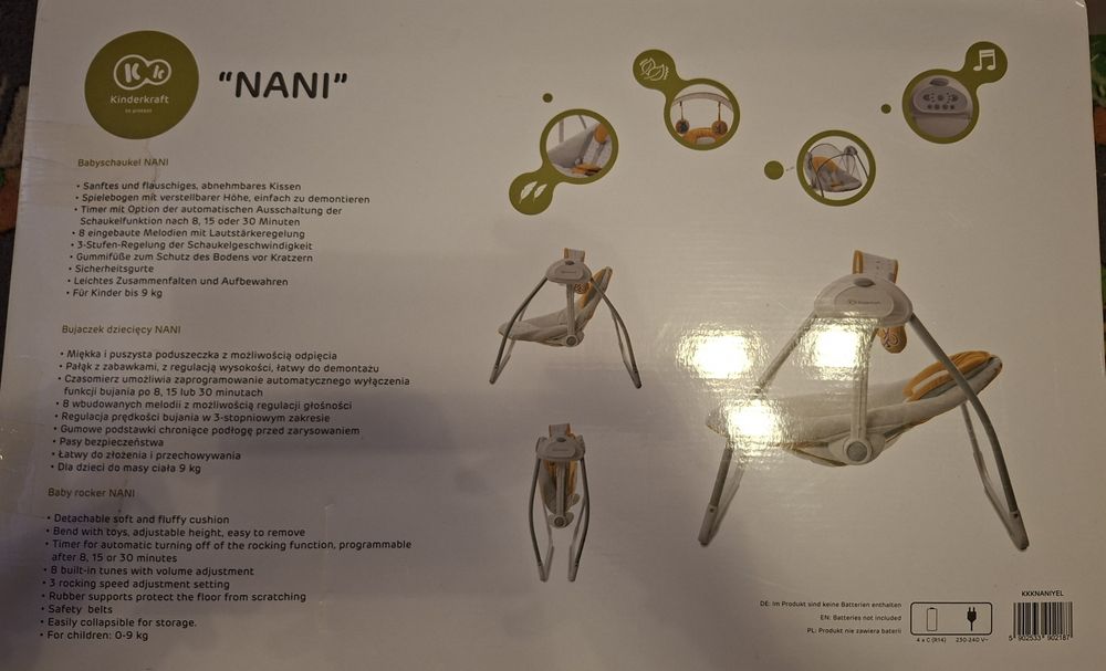 Leagan portabil 2 in 1 Kinderkraft Nani, cu conectare la priza, Galben