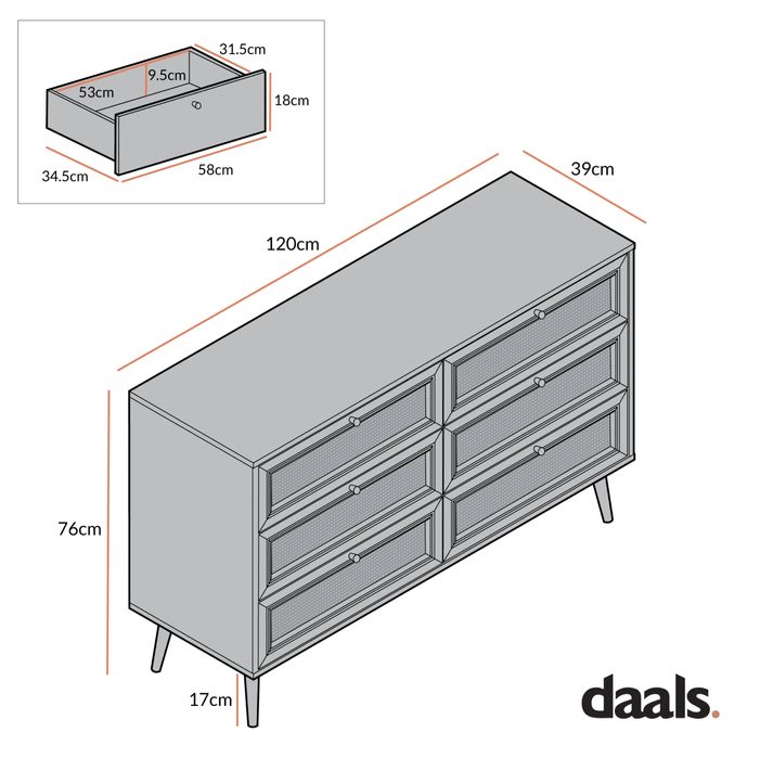 Comoda Frances din ratan țesut cu 6 sertare, natural, Noua