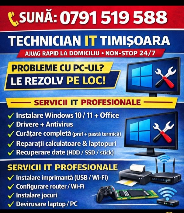 Reparații calculatoare laptop imprimanta router wifi curatare pc laptop upgrade ssd ram  cpu gpu instalare windows 11,10  la domiciliu Recuperare date