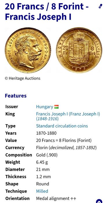 Moneda 20 franci 1878 Aur Ungaria bani vechi