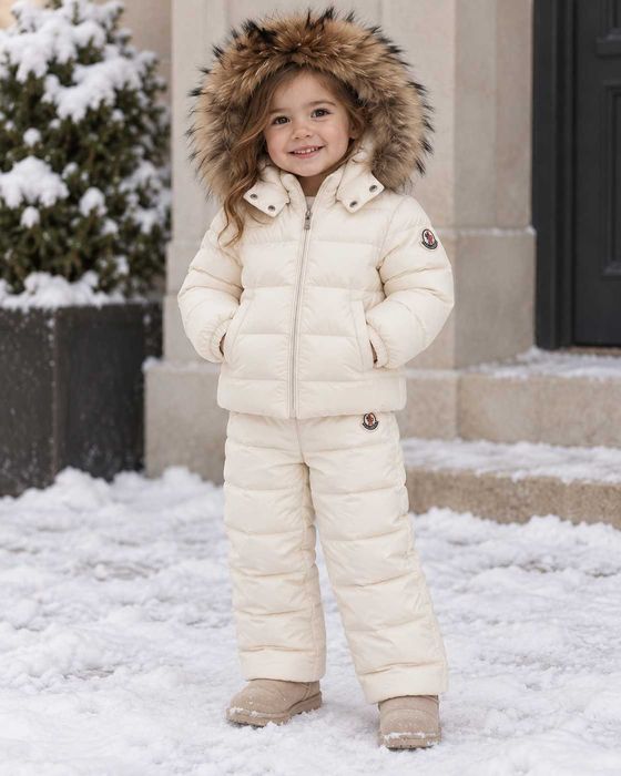 Set iarnă copii crem/alb – geacă + pantaloni cu bretele, 3 ani / 100 cm fetiță