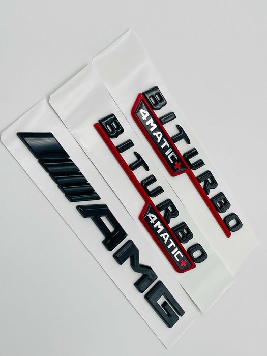 Set Embleme Compatibile Mercedes biturbo 4matic+ AMG negru rosu