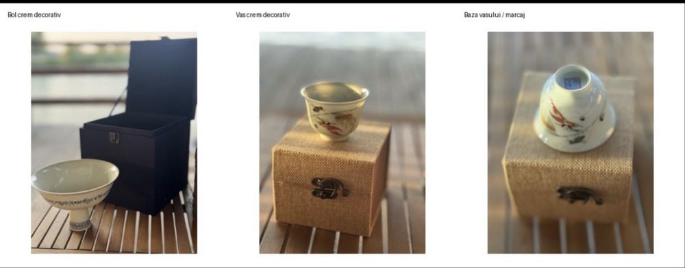 Set 2 piese porțelan chinezesc – bol + vas decorativ, cu cutii