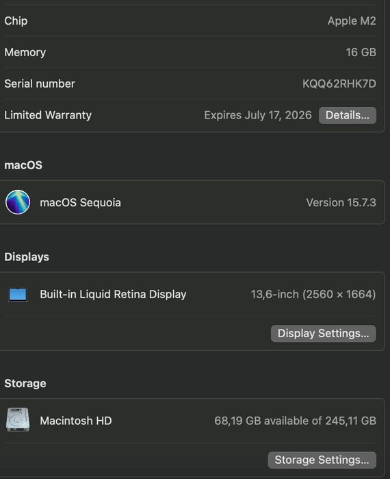 MacBook Air M2 – 16GB RAM / 256GB SSD (Перфектно състояние)