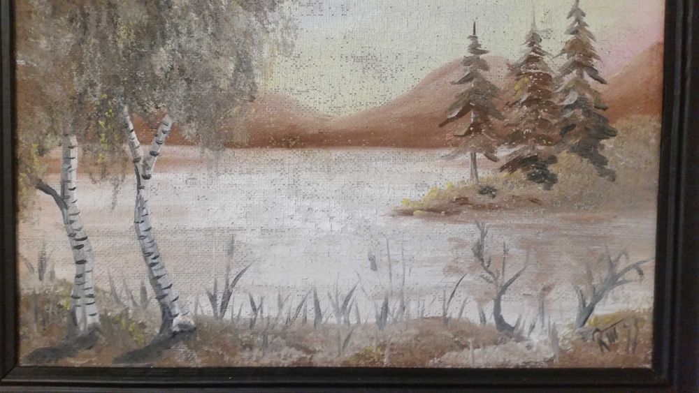 Хубав пейзаж с брези.Рисуван на платно на подрамка. Има и инициали за подпис.
