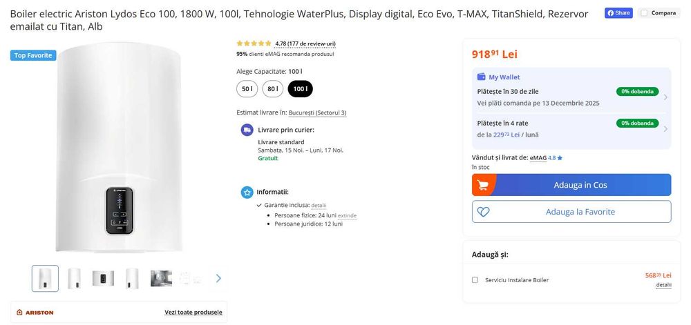 Boiler electric Ariston Lydos Eco 100, 1800 W, 100l,  NOU, Sigilat