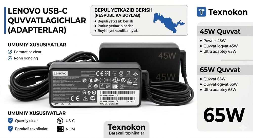 Dostovka bepul! Zaryadka Lenovo ASUS HP Type C 45W 65w TAYPS blok pit