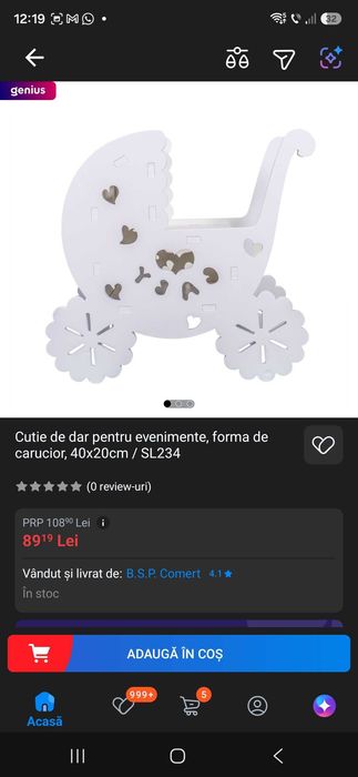 Cutie dar botez in forma de carucior
