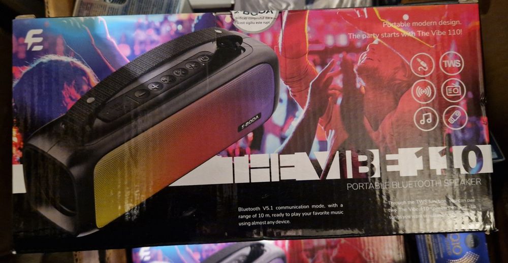 Boxa portabila E-BODA The Vibe 110, Bluetooth, USB, Radio FM, RGB, negru