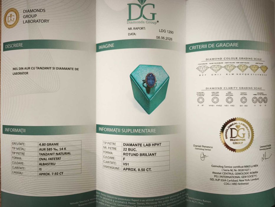 Inel din aur alb 14K cu tanzanit natural 7,92 ct și diamante VS1