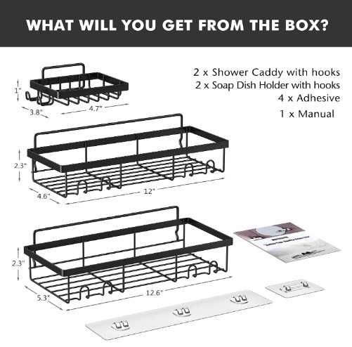Комплект метални рафтове за душ / баня, 4 части (2 рафта + 2 сапунерки