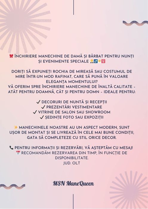 Inchiriere manechine Dama si Barbat pentru Nunti in judetul Olt