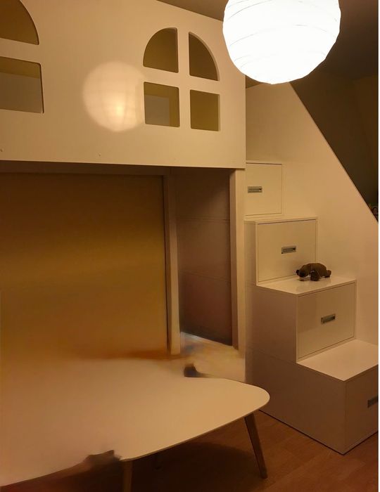 Двойно Детско легло с матраци, пързалка, шкафове и рафтчета