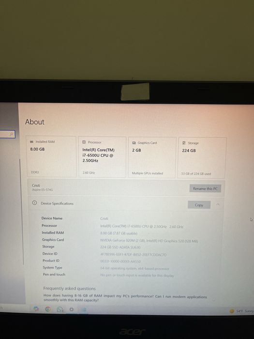 Laptop Acer Aspire ES-574G + mouse