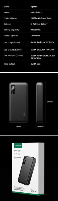 Ugreen PB312 Power Bank 20000mAh PD20W + 22.5W QC3.0 iPhone 15 16