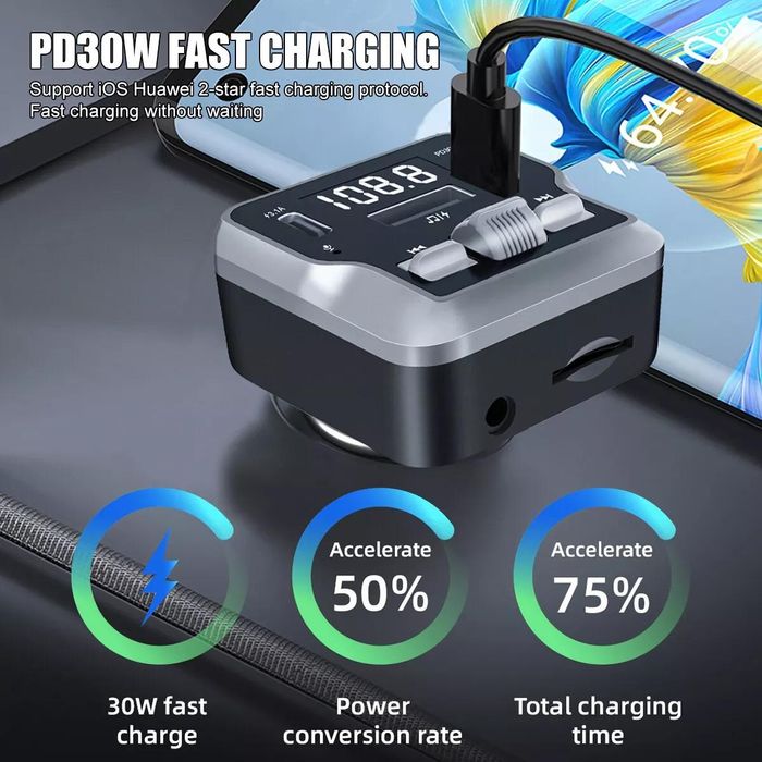 Bluetooth fm предавател за кола, mp3 плейър, радио, pd, usb-c, ...