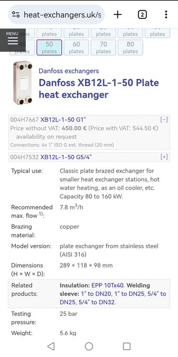 Schimbator de căldură brazat din inox Danfoss  încălzire sau piscina