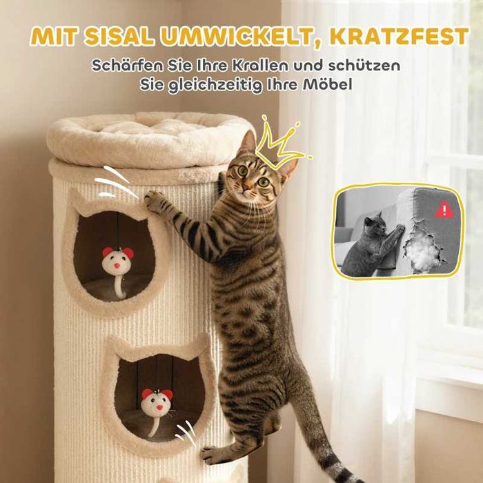PawHut Котешка драскалка за котки, 96 см, 4-етажна котешка кула с миещо се легло