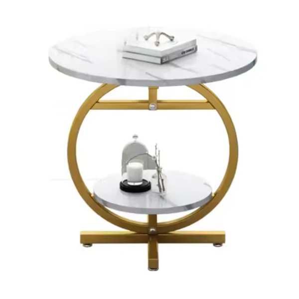 Masuta de cafea rotunda cu design tip marmura, 2 nivele de depozitare