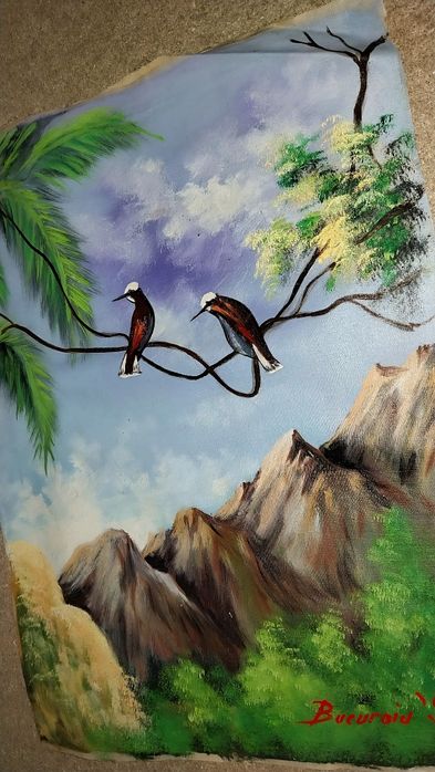 Tablou ulei pe pânză semnat „Bucuroiu ’96” – peisaj montan cu păsări –