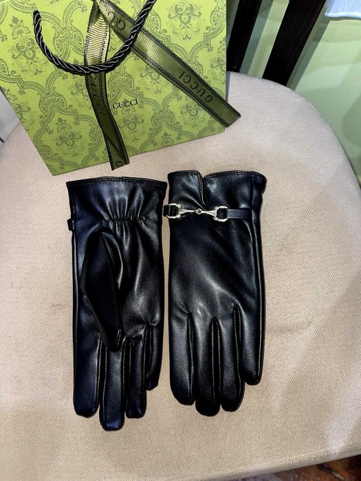 gucci гучи черни кожени зимни дамски ръкавици комплект зимен подарък