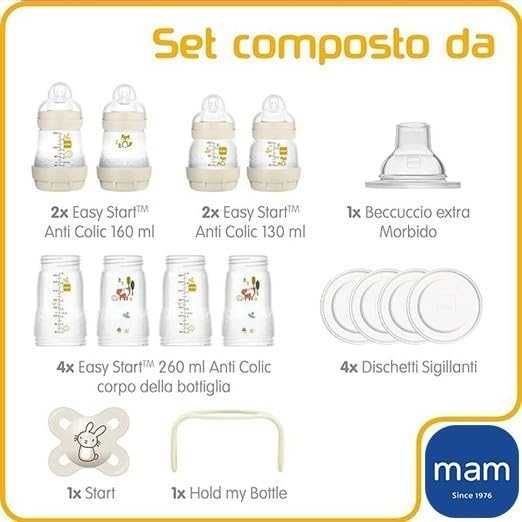 MAM – Комплект от 8 бебешки шишета, 130/160/260 мл, с биберони, залъгалка и аксесоари, бежов