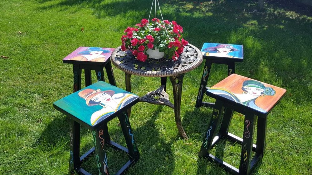 Mobila, SET 4 SCAUNE LEMN ESENTA TARE, pentru gradina, pictate artist
