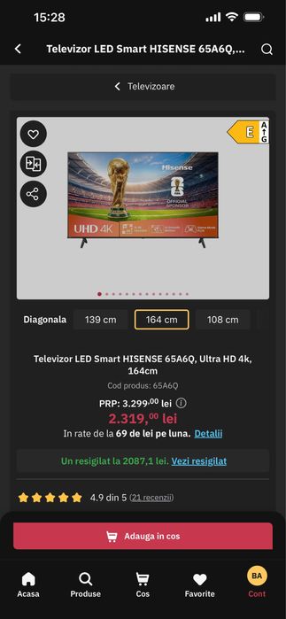 Televizor LED Smart HISENSE 65A6Q, Ultra HD 4k, 164cm Lovit