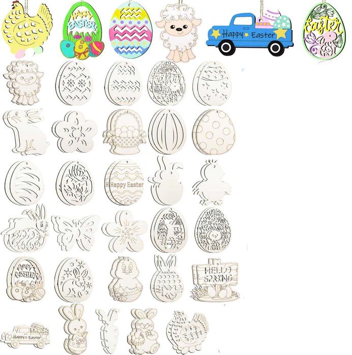 Pandantive de Paste din lemn pentru colorat si pictat,30Buc,30 Modele