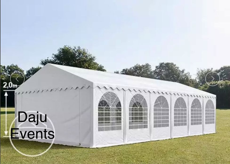 Inchiriere cort alb pentru evenimente, scaune, mese rotunde, decor