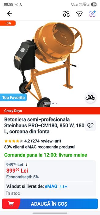 Betoniera  Steinhaus PRO-CM180, 850 W, 180 L