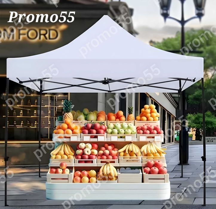 Търговска Шатра 3х3 - 18кг. с Подсилена Конструкция и Бяло Покривало