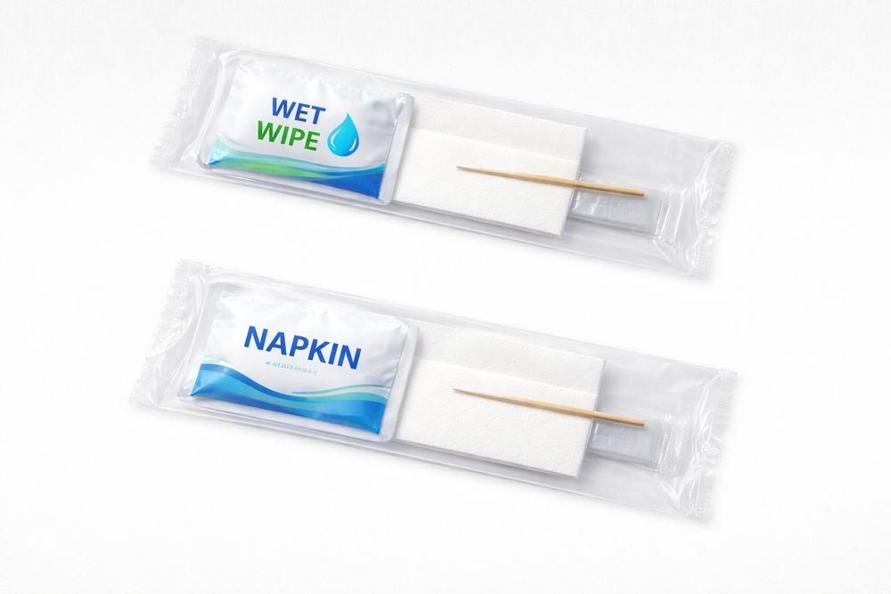 Комплект2 - (Влажная салфетка, Сухая Салфеткам, Зубочистка)