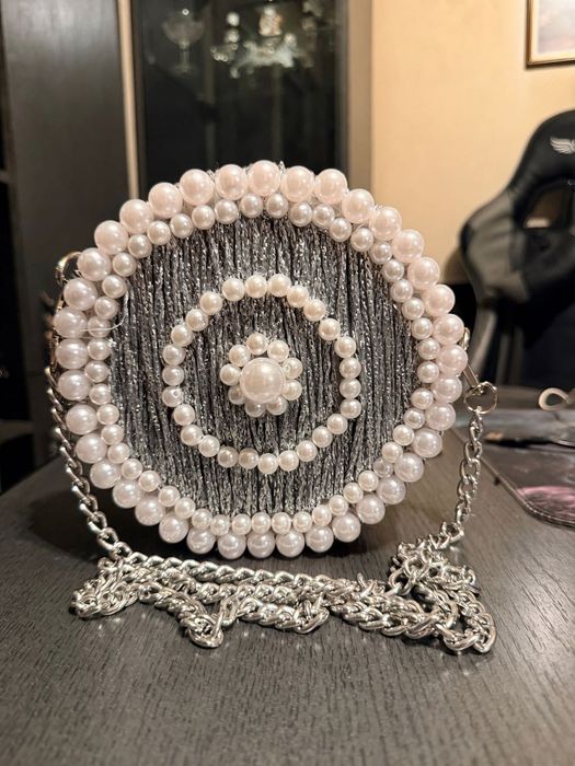 Geanta Seara Ocazie Argintie cu Perle - Handmade Unicat Nouă