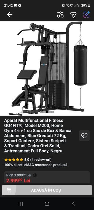 Vand aparat Aparat Multifunctional Fitness GO4FIT®, Model M200, Home Gym 4-in-1 cu Sac de Box & Banca Abdomene, Bloc Greutati 72 Kg, Suport Gantere.