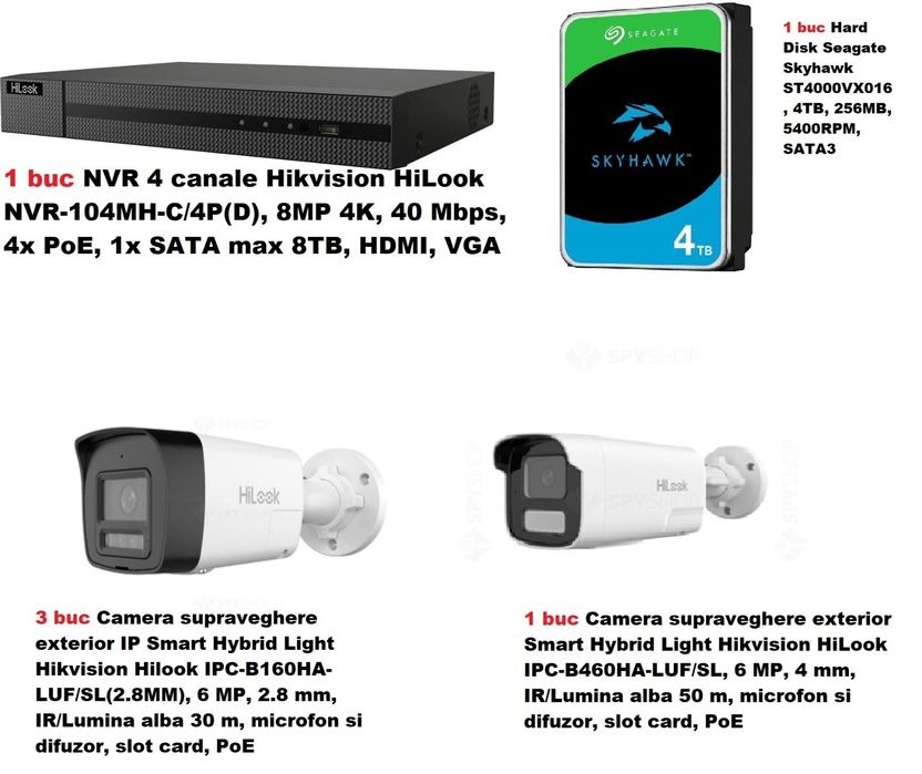 Sistem supraveghere video Hikvision IP cu POE,sigilat, cu 4 camere video de6