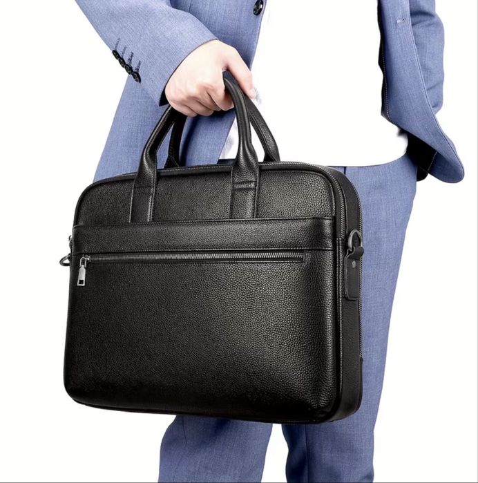 Мъжка елегантна чанта за лаптоп 15”/Офис куфарче от черна естест. кожа