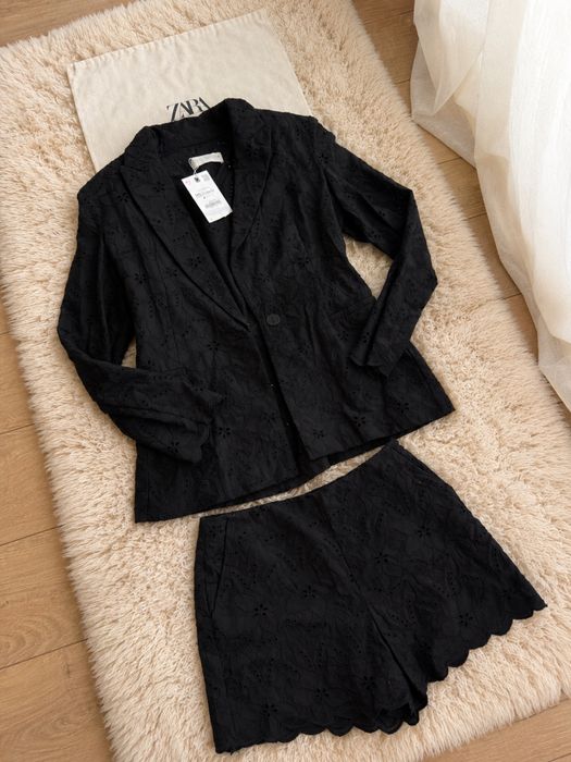 Costum Zara viral cu broderie, perforat Sacou + bermude/pantaloni scurti)