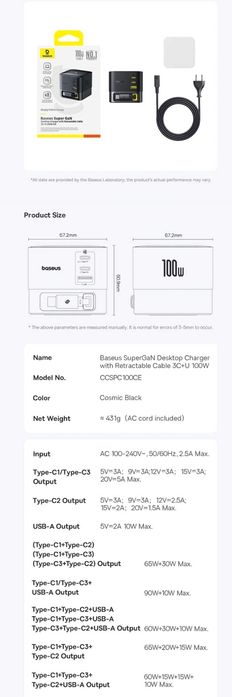Baseus 100W Super GaN⁶ PD 3.1 Fast Charger 3C+U MacBook/iPad/iPhone 16