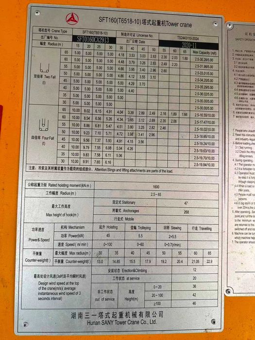 башенный кран 10 тонна SANY