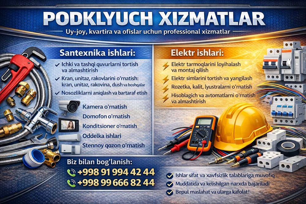 podklyuch kvartira remont santexnika,elektrik ishlar ichki tamirlash