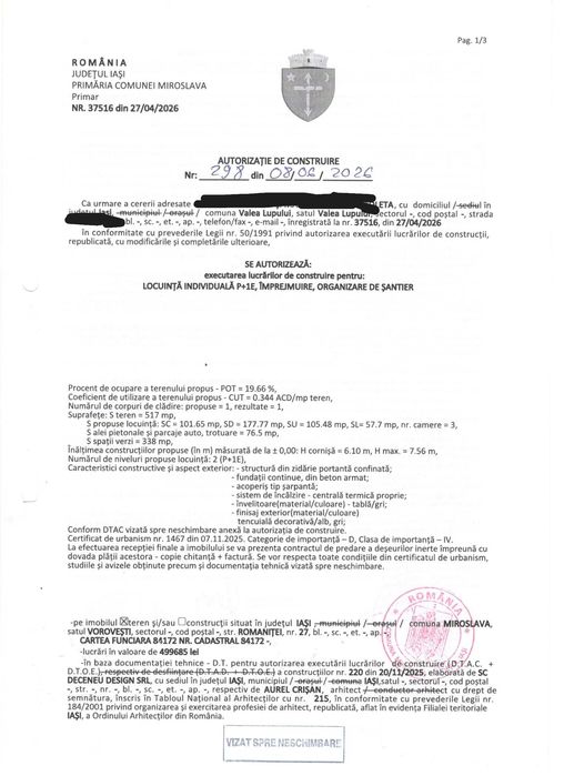 Teren + Autorizatie constuire Miroslava - Vorovesti