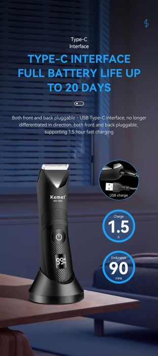 Aparat de ras Kemei-1840, Barba Corp Inghinal, Wireless, Led, 6000 rpm