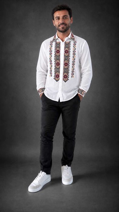 Cămașă tradițională bărbătească albă cu broderie grena – 2XL