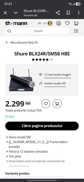 Stație  Shure BLX4R cu microfon Shure SM 58 profesionale wireless